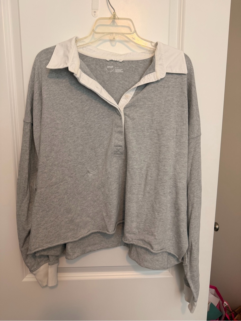 aerie Gray Long Sleeve Polo Sweater with White Collar
